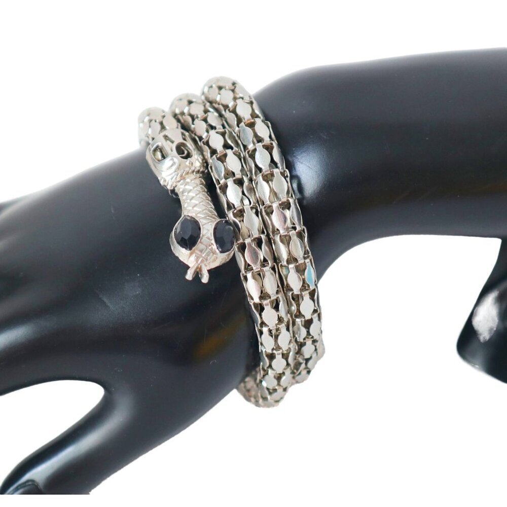 Vintage Silver-Tone Snake Wrap Bracelet With Black Glass Eyes